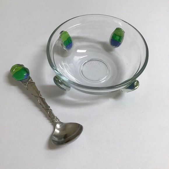 Art Glass Condiment Dish Blue Green Pebble Wire Wrapped Spoon Sea KIG Indonesia - Picture 3 of 12